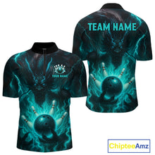 Load image into Gallery viewer, Personalized Black and Turquoise Flame Lightning Dragon Bowling Shirts For Men, Team Bowling Jerseys NQS11168