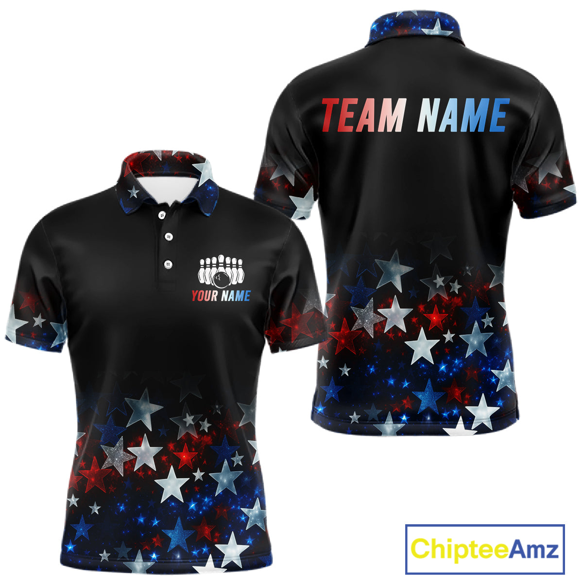 Personalized Red, White and Blue Stars Pattern Bowling Team Shirts For Men Patriotic Bowling Gifts NQS11169