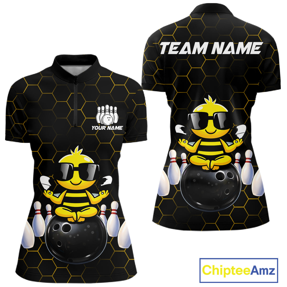 Black and Gold Funny Bee Bowling Shirts for Women Custom Team Bowling Jerseys, Gift For Bowlers NQS11582