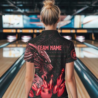 Black and Red Dragon Tribal Bowling Polo, 1/4 Zip Shirts For Women Custom Retro Bowling Team Jerseys NQS9629