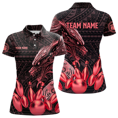 Black and Red Dragon Tribal Bowling Polo, 1/4 Zip Shirts For Women Custom Retro Bowling Team Jerseys NQS9629