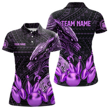 Load image into Gallery viewer, Black and Purple Dragon Tribal Bowling Polo, 1/4 Zip Shirts For Women Custom Retro Bowling Team Jersey NQS9630