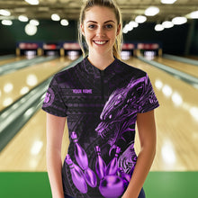 Load image into Gallery viewer, Black and Purple Dragon Tribal Bowling Polo, 1/4 Zip Shirts For Women Custom Retro Bowling Team Jersey NQS9630