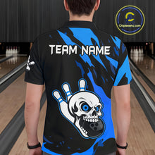 Load image into Gallery viewer, Black and Blue Skull Bowling Shirts for Men Custom Team bowling jersey, gift for bowlers NQS11708