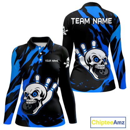 Black and Blue Skull Bowling Shirts for Women Custom Team bowling jersey, gift for bowlers NQS11708
