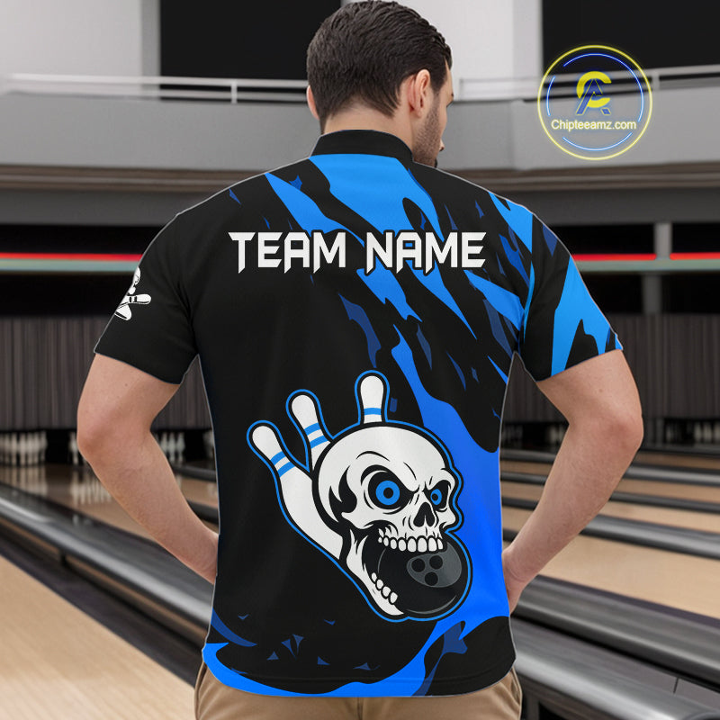 Black and Blue Skull Bowling Shirts for Men Custom Team bowling jersey, gift for bowlers NQS11708