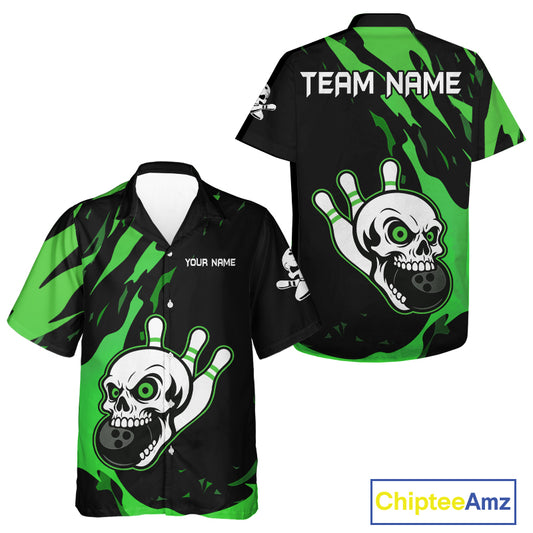Black and Green Skull Bowling Button-up Shirt Custom Team bowling Hawaiian jersey, gift for bowlers NQS11709