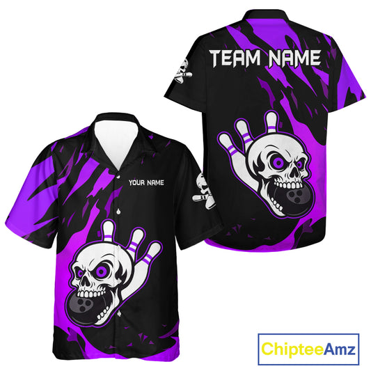 Black and Purple Skull Bowling Button-up Shirt Custom Team bowling Hawaiian jersey, gift for bowlers NQS11710