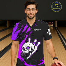 Load image into Gallery viewer, Black and Purple Skull Bowling Button-up Shirt Custom Team bowling Hawaiian jersey, gift for bowlers NQS11710