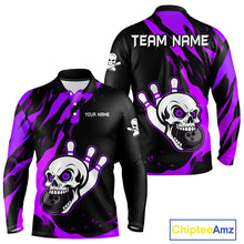 Load image into Gallery viewer, Black and Purple Skull Bowling Shirts for Men Custom Team bowling jersey, gift for bowlers NQS11710