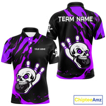 Load image into Gallery viewer, Black and Purple Skull Bowling Shirts for Men Custom Team bowling jersey, gift for bowlers NQS11710