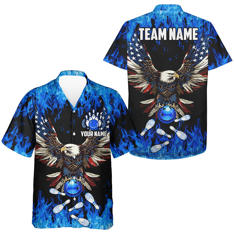 Blue flame Hawaiian bowling shirts Custom American flag Eagle Team button up bowling shirts NQS7403