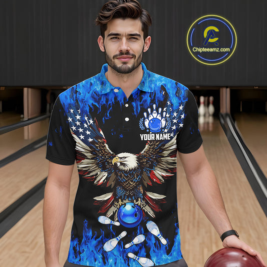 Blue flame Mens bowling polo shirts Custom American flag Eagle Team bowling shirts, gift for bowlers NQS7403
