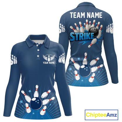 Strike Bowling Polo, Quarter-Zip Shirts For Women Custom Bowling Team Jerseys Bowlers Outfit | Blue NQS9926