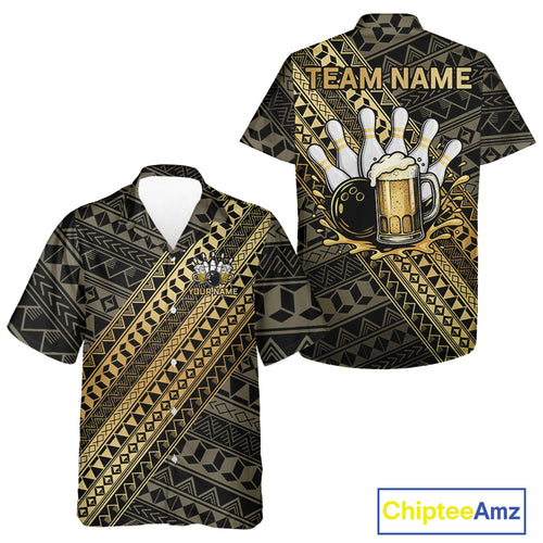 Yellow and Black tribal pattern Bowling and Beer Hawaiian shirt custom Team Bowling button up shirt NQS9928