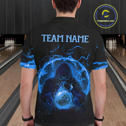 Mens bowling polo, 1/4 zip shirts Custom blue flame skull bowling team jerseys, gift for Bowlers NQS10056