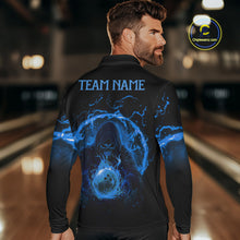 Load image into Gallery viewer, Mens bowling polo, 1/4 zip shirts Custom blue flame skull bowling team jerseys, gift for Bowlers NQS10056