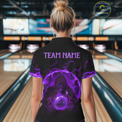 Women bowling polo, 1/4 zip shirts Custom purple flame skull bowling team jerseys, gift for Bowlers NQS10057