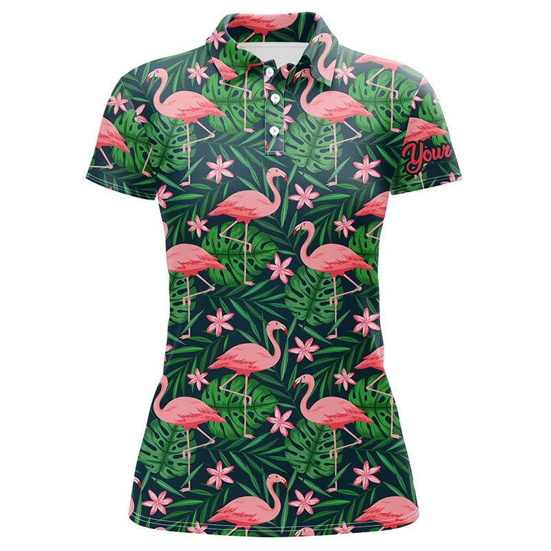 Womens golf polo shirts custom pink flamingo green tropical leaf pattern golf apparel for team ladies NQS7978