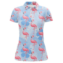 Load image into Gallery viewer, Womens golf polo shirts custom pink flamingo blue tropical pattern golf apparel for team ladies golfer NQS7979