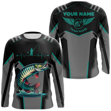 Load image into Gallery viewer, Personalized Black Musky Fishing jerseys, Team Muskie Fishing Long Sleeve tournament shirt| Green NQS6287