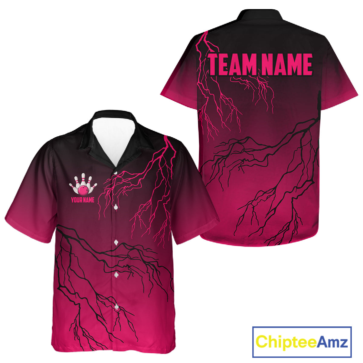 Black and Pink gradient storm Lightning thunder Bowling Hawaiian shirts Custom Bowling Team Jerseys NQS11170
