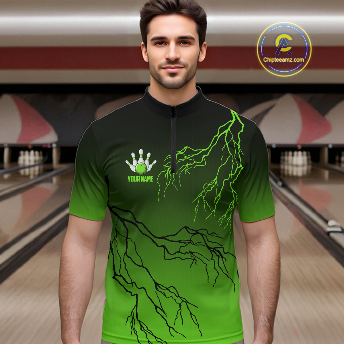 Black and Green gradient storm Lightning thunder Bowling shirts for Men Custom Bowling Team Jerseys NQS11171
