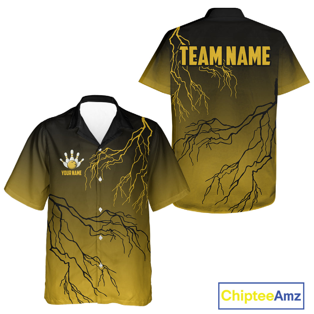 Black and Yellow gradient storm Lightning thunder Bowling Hawaiian shirt Custom Bowling Team Jerseys NQS11172