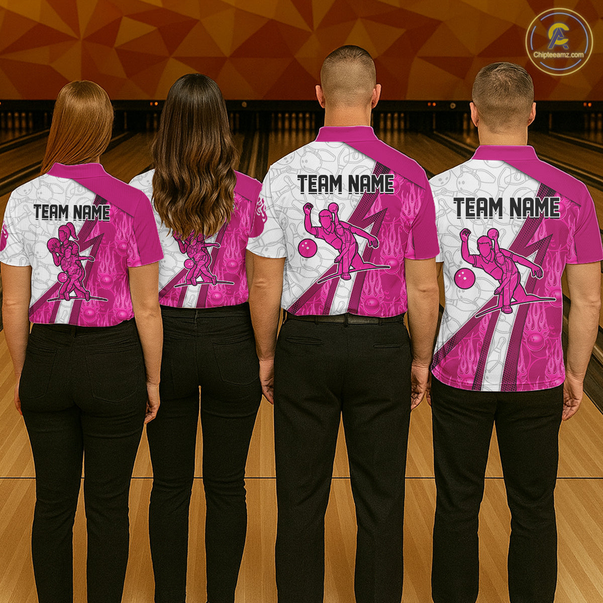 Custom Bowling Polo, Quarter Zip Shirt For Men Pink flame camo Bowling shirts, Bowling Team jerseys NQS11585