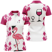 Load image into Gallery viewer, White Pink womens golf shirt Flamingo Golf &amp; wine custom name womens golf polo shirt NQS5117