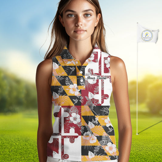 Maryland Flag tropical flower pattern Women Sleeveless polo shirt Custom ladies patriotic golf shirts NQS10064