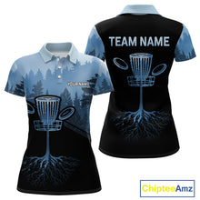 Load image into Gallery viewer, Black and Blue forest camo Womens Disc golf polo shirts Custom team ladies disc golf wear outfit NQS10065