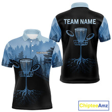 Load image into Gallery viewer, Black and Blue forest camo Mens Disc golf polo shirts Custom team disc golf wear, disc golf outfit NQS10065