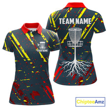 Load image into Gallery viewer, Blue, yellow and red background Womens Disc golf polo shirts Custom name disc golf clothing for team NQS10067