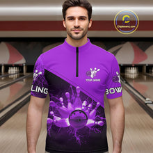 Load image into Gallery viewer, Men bowling polo, quarter zip shirts Custom purple lightning thunder Bowling Team Jersey Bowlers Gift NQS10591