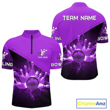 Load image into Gallery viewer, Men bowling polo, quarter zip shirts Custom purple lightning thunder Bowling Team Jersey Bowlers Gift NQS10591