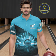 Load image into Gallery viewer, Men bowling polo, 1/4 zip shirts Custom light blue lightning thunder Bowling Team Jersey Bowlers Gift NQS10592