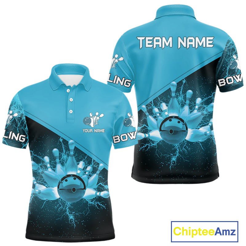 Men bowling polo, 1/4 zip shirts Custom light blue lightning thunder Bowling Team Jersey Bowlers Gift NQS10592