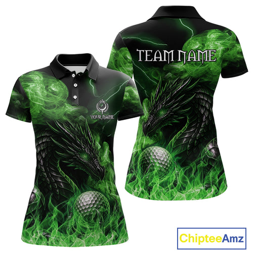 Green Flame Dragon Women Golf polo shirts Custom Dragon team ladies golf outfits, gift for golf lover NQS10791