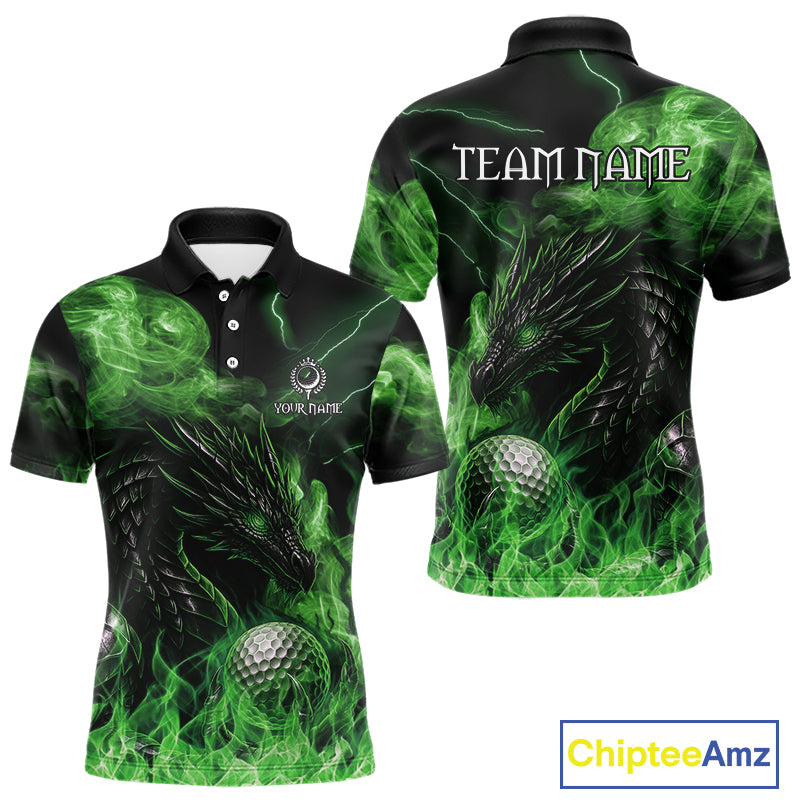 Green Flame Dragon Golf polo shirts For Men Custom Dragon team mens golf outfits, gift for golf lover NQS10791