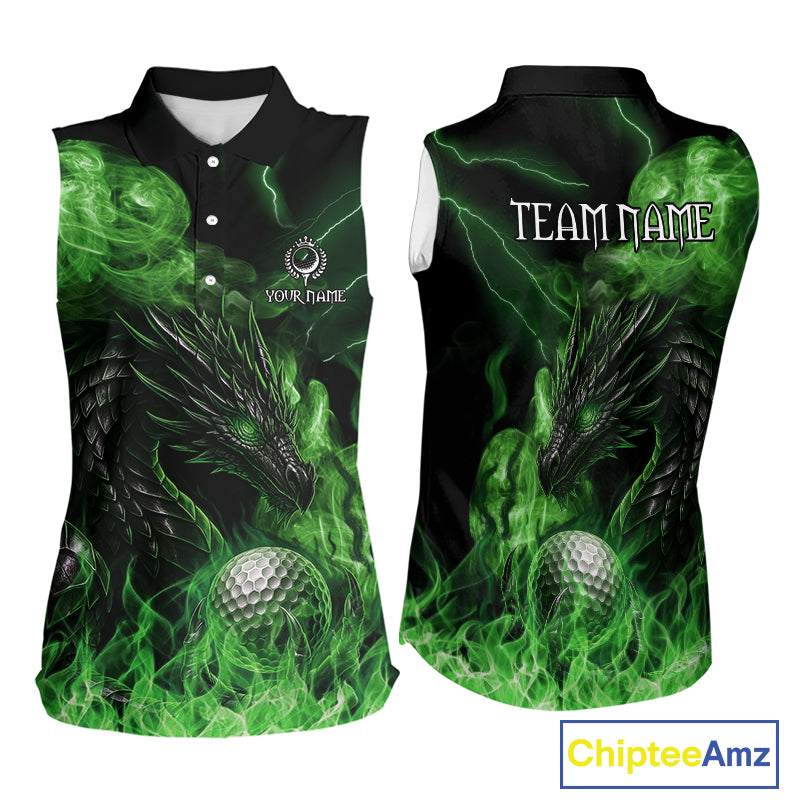 Green Flame Dragon Sleeveless Golf polo shirt Custom Dragon team golf outfit, gift for golf lover NQS10791