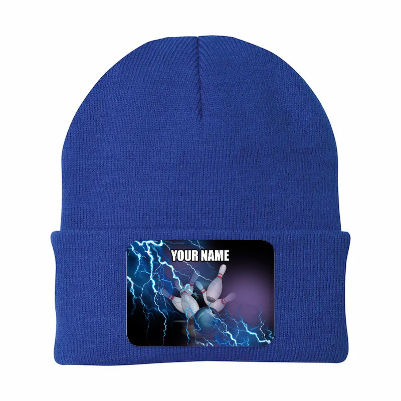 Blue Lightning Thunder Bowling Ball and Pins Custom Rectangle Patch Bowling Knit Beanie Hat NQS10799