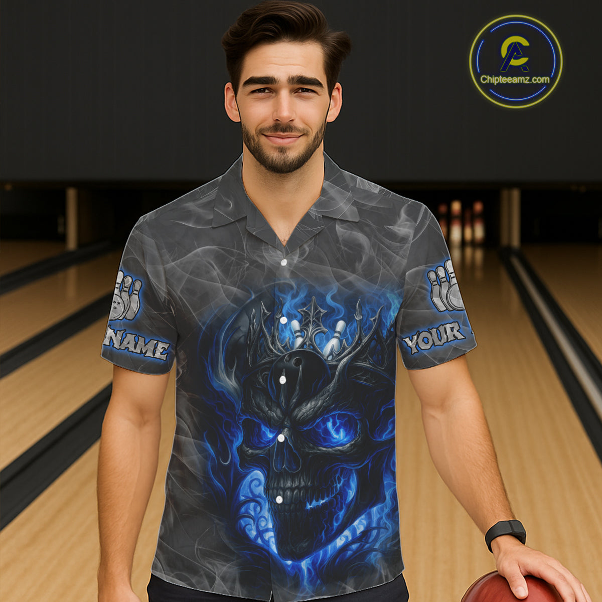 Grey Smoke Blue Flame Skull Bowling Hawaiian Shirt Custom Team Bowling Jerseys NQS11182