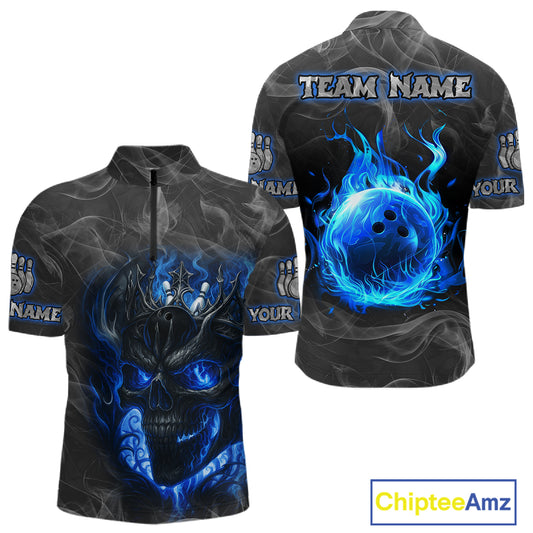 Grey Smoke Blue Flame Skull Bowling Polo, Quarter Zip Shirts For Men Custom Team Bowling Jerseys NQS11182