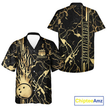Load image into Gallery viewer, Black and Gold Camo Flame Bowling Hawaiian Shirts Custom Team Bowling Button up shirt NQS11183