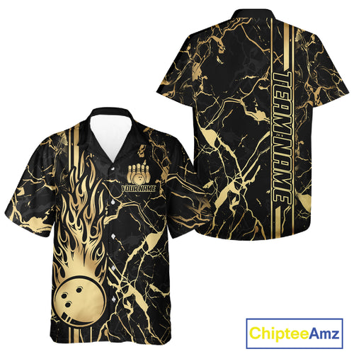 Black and Gold Camo Flame Bowling Hawaiian Shirts Custom Team Bowling Button up shirt NQS11183