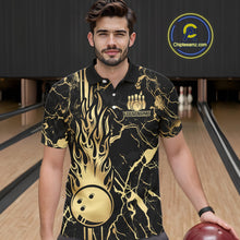 Load image into Gallery viewer, Black and Gold Camo Flame Bowling Polo, Quarter Zip Shirts For Men Custom Team Bowling Jerseys NQS11183