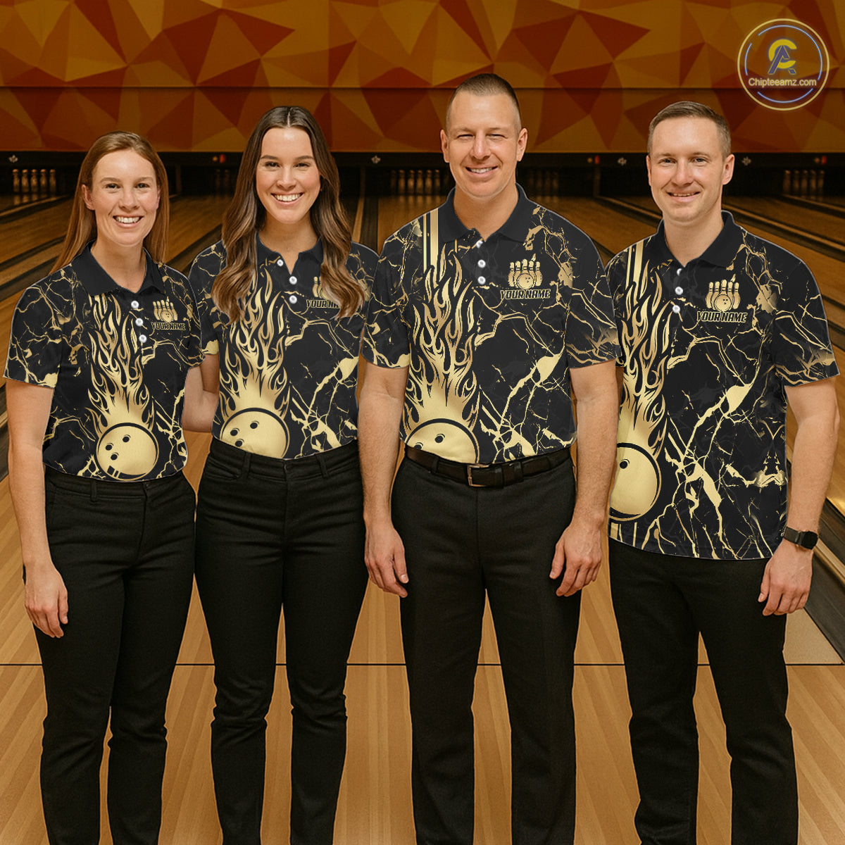 Black and Gold Camo Flame Bowling Polo, Quarter Zip Shirts For Men Custom Team Bowling Jerseys NQS11183