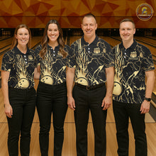 Load image into Gallery viewer, Black and Gold Camo Flame Bowling Polo, Quarter Zip Shirts For Men Custom Team Bowling Jerseys NQS11183