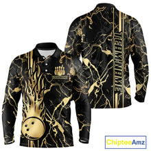 Load image into Gallery viewer, Black and Gold Camo Flame Bowling Polo, Quarter Zip Shirts For Men Custom Team Bowling Jerseys NQS11183